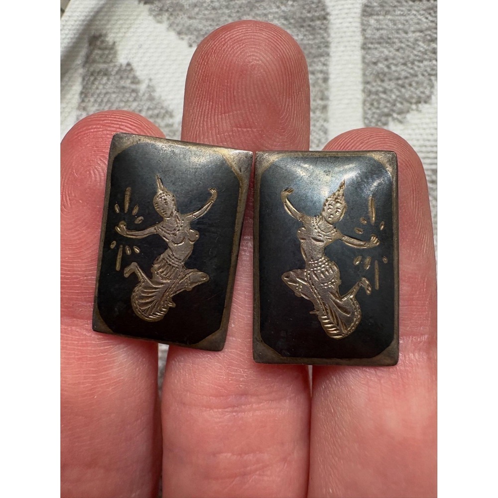 Vintage Siam Sterling Silver Black Enamel God Dancer Screw Back‎ Earrings